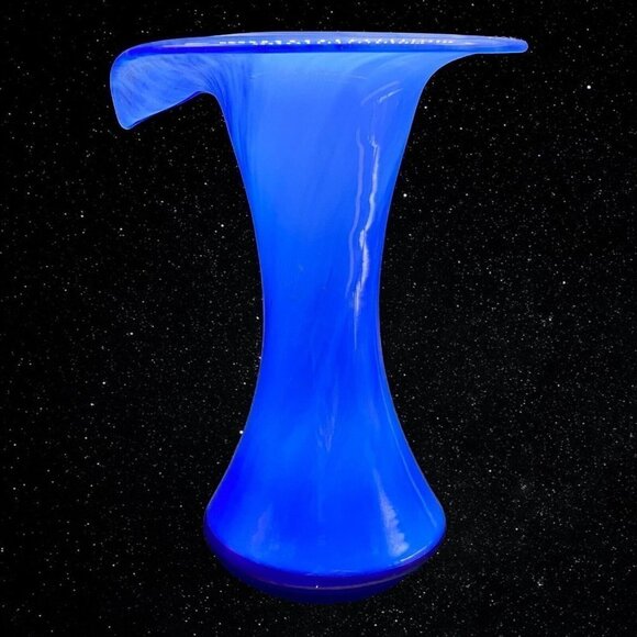 Vintage Art Glass Jack In The Pulpit Blue Swirl Vase Hand Blown 9”T 7”W - Picture 2 of 12